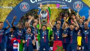 Quarteto português do PSG comemorando título da Champions League