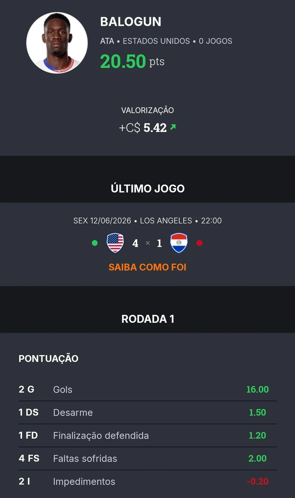 Balogun em ação — Craque do Cartola