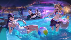 Ahri, Caitlyn e Darius com as skins Noitada Curtindo o Verão