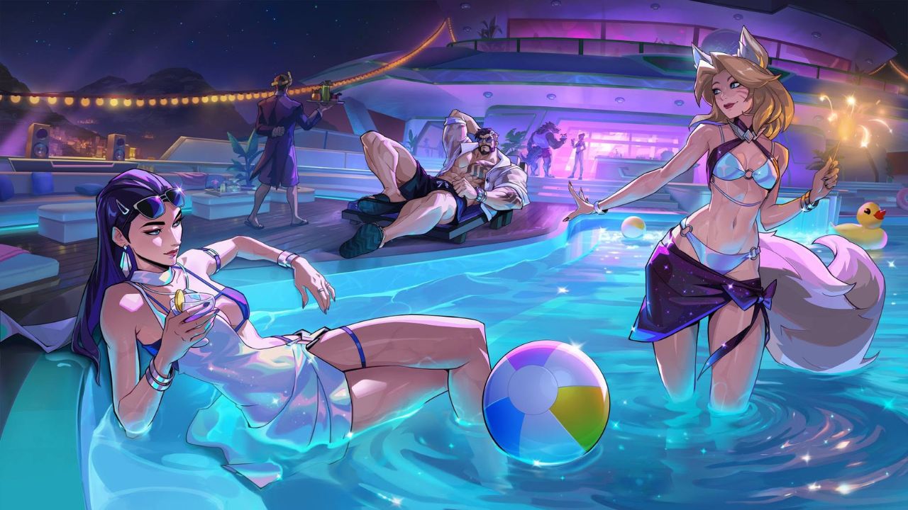 Ahri, Caitlyn e Darius com as skins Noitada Curtindo o Verão