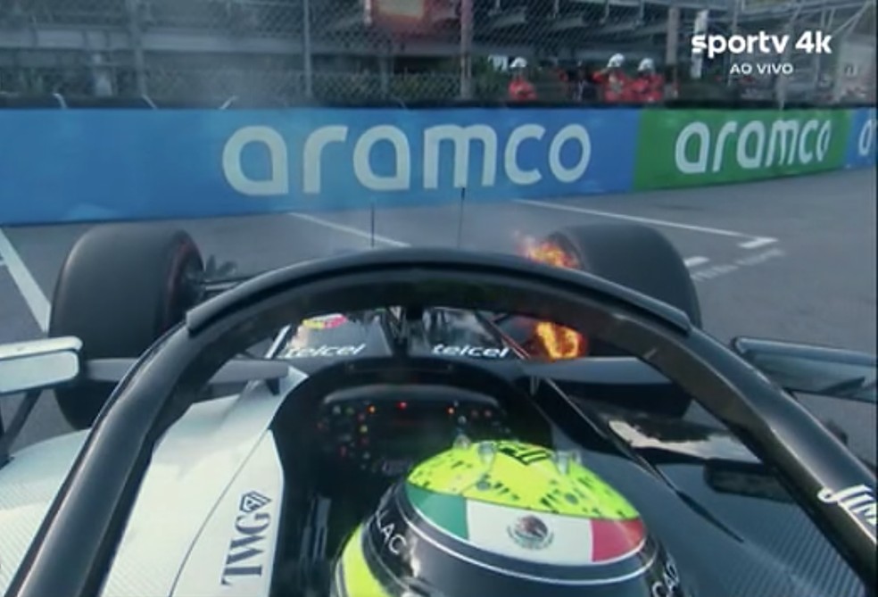 Fogo nos freios do carro de Sergio Pérez durante treino em Mônaco