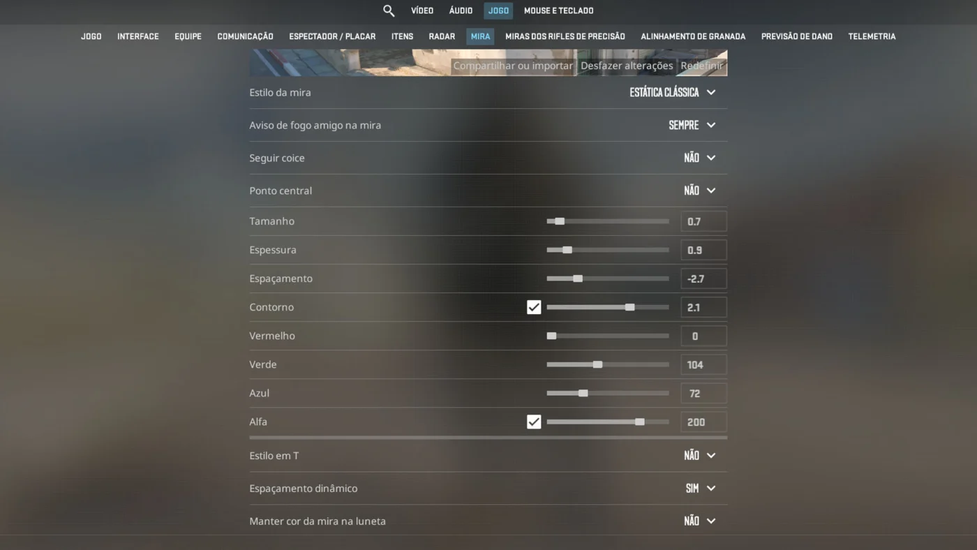 Painel de ajustes com a melhor config CS2 exibida nas opções do jogo