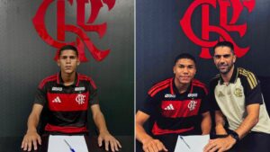 Atacantes capixabas José Eduardo e Guilherme Cruz com o manto do Flamengo