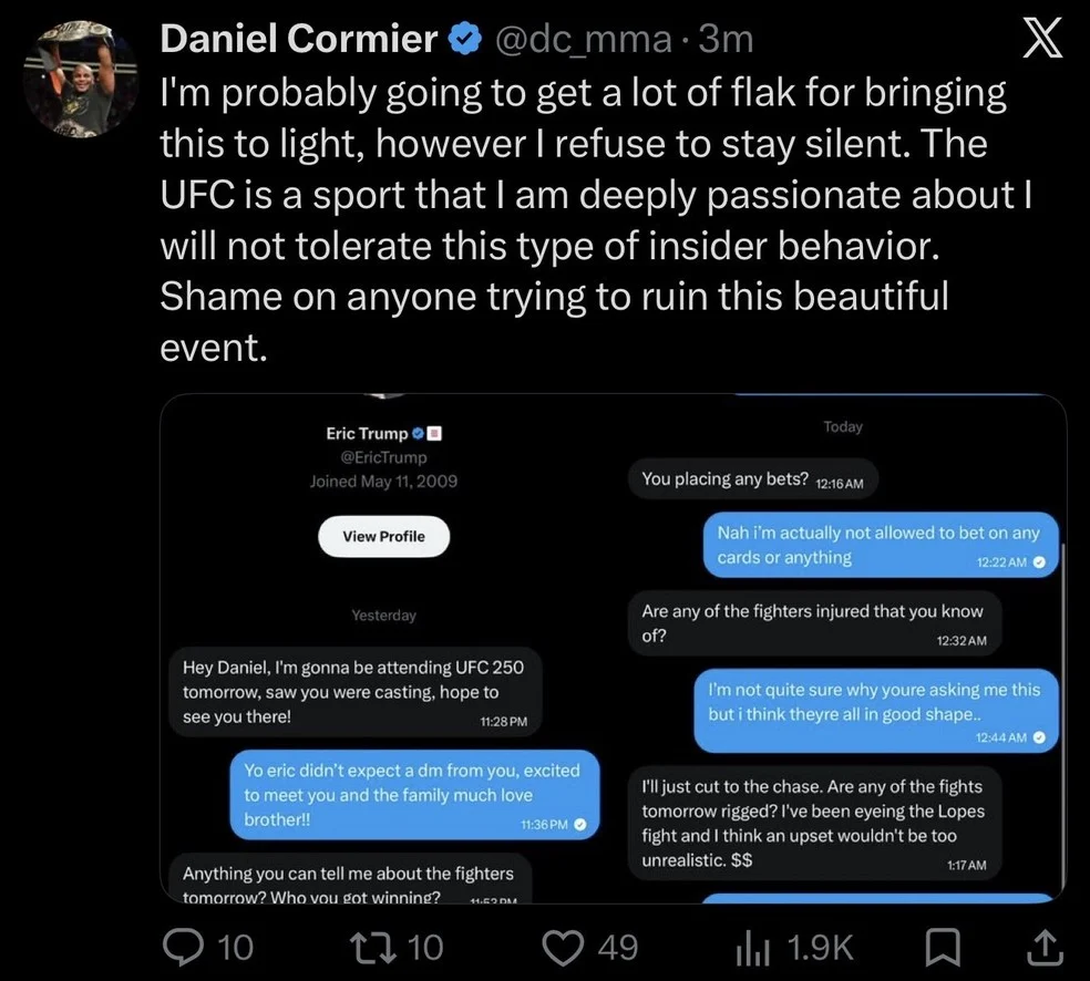 Daniel Cormier publica supostas mensagens de Eric Trump — mensagens de Eric Trump