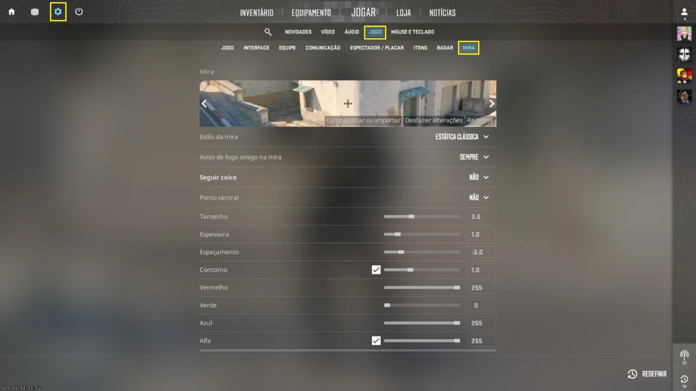 Configuração de mira no CS2 em tela de jogo