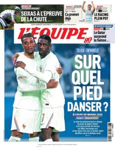 Capa do L'Équipe sobre Dilema de Deschamps com Olise e Dembélé