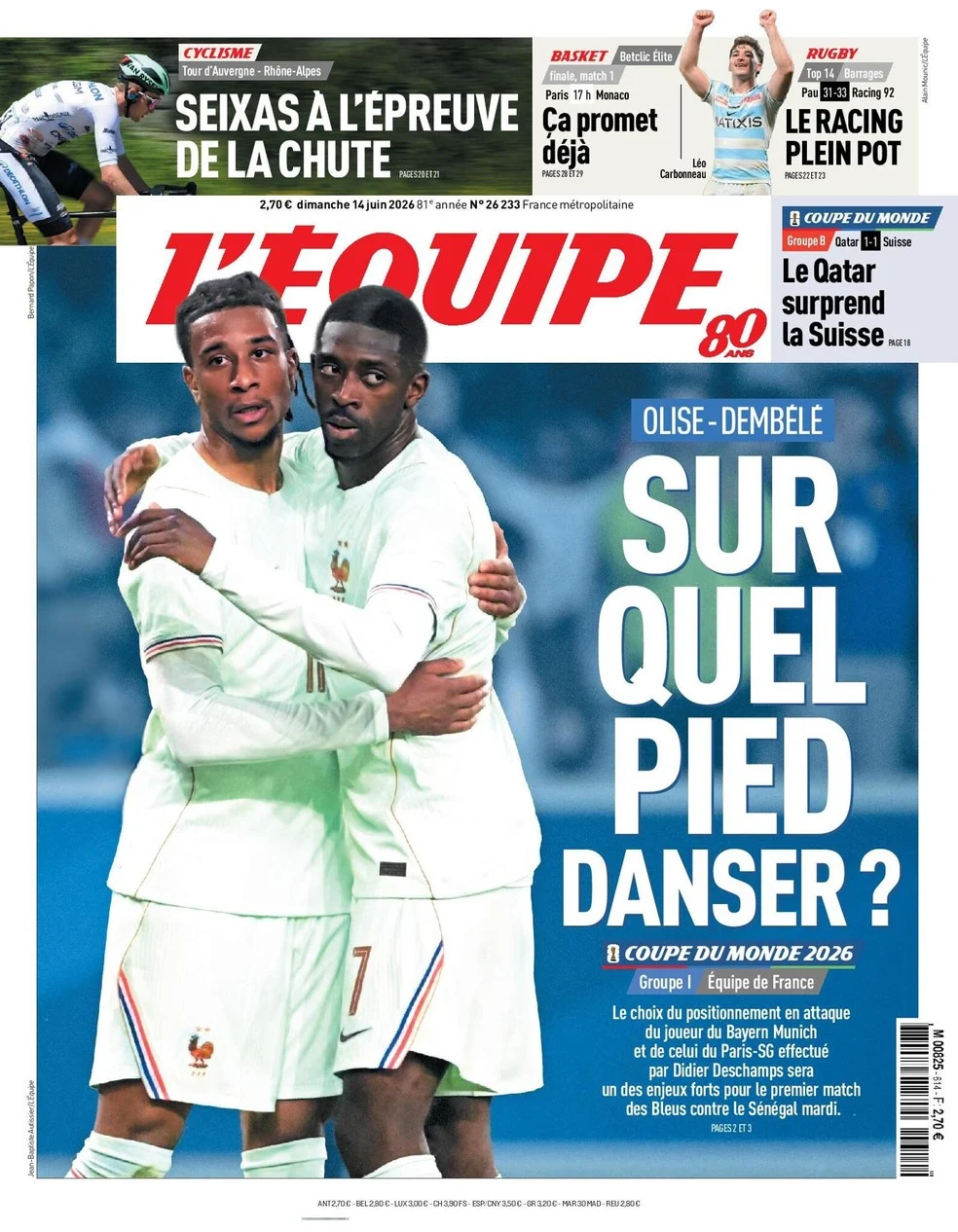 Capa do L'Équipe sobre Dilema de Deschamps com Olise e Dembélé
