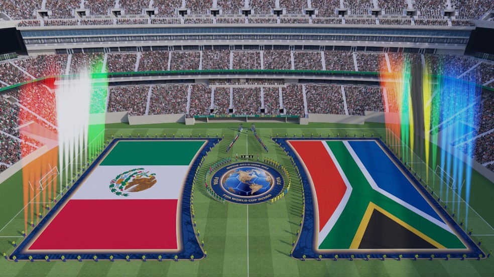 Ilustração do protocolo pré-jogo da Copa do Mundo 2026 no gramado