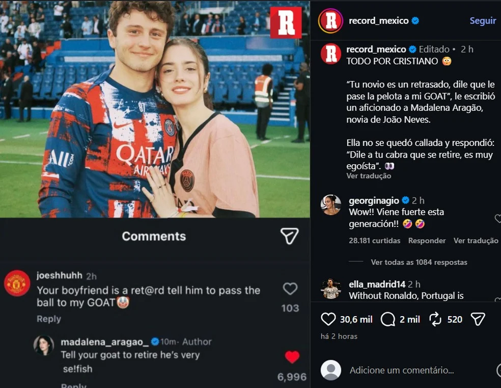 Georgina debocha em comentário sobre João Neves e Cristiano Ronaldo