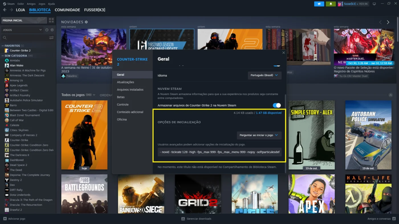 opções de inicialização CS2 na tela de configurações