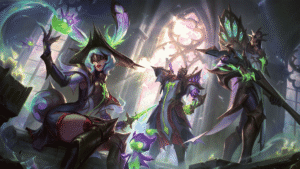 Aurora, Shen e Jhin com skins Pacto Quebrado em arte oficial