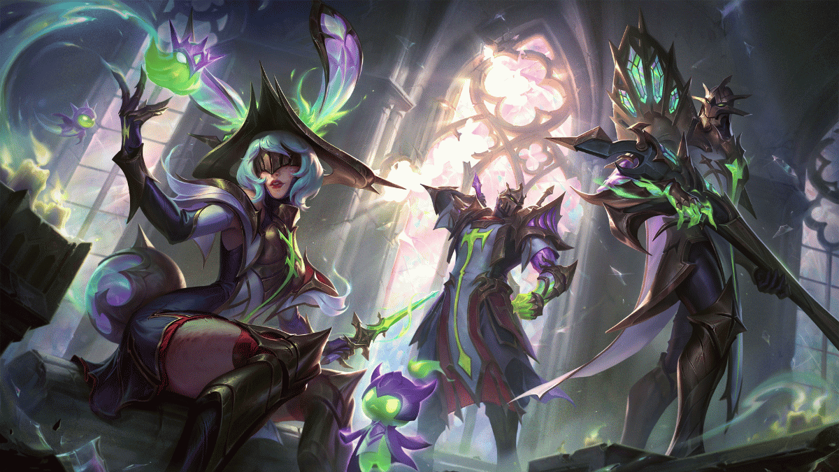 Aurora, Shen e Jhin com skins Pacto Quebrado em arte oficial