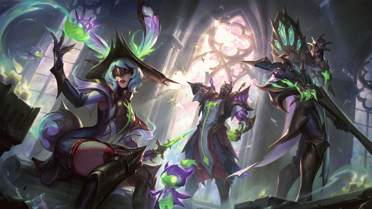Aurora, Shen e Jhin com skins Pacto Quebrado em arte oficial