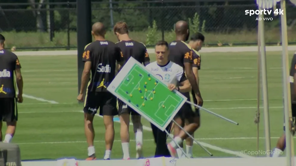 Painel tático com possível formação de Ancelotti em treino da Seleção