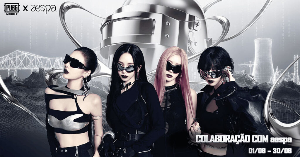 Banner da colaboração PUBG MOBILE com aespa, exibindo personagens e skins do jogo