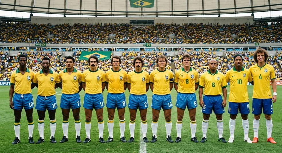 Seleção brasileira e gols de falta em Copas - imagem com nomes e anos dos gols de falta