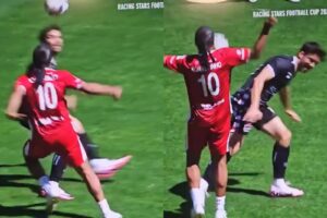 Ronaldinho dando chapéu em Pierre Gasly durante jogo beneficente em Mônaco