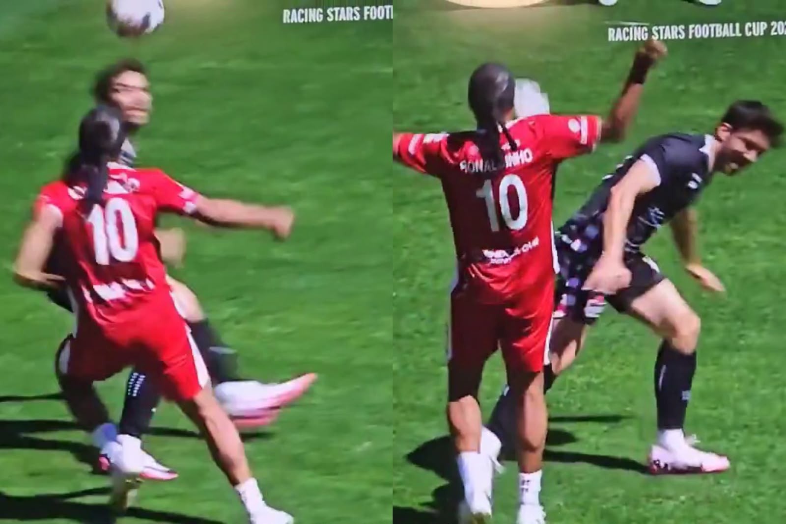 Ronaldinho dando chapéu em Pierre Gasly durante jogo beneficente em Mônaco