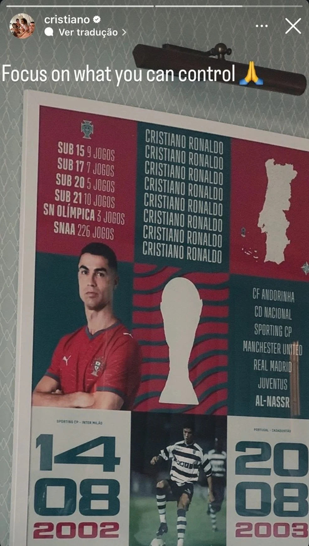 Cristiano Ronaldo exibindo poster com números da carreira