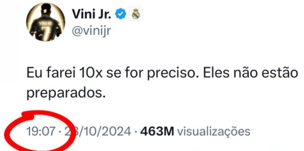 Postagem com tuíte profético Vini Jr após a Bola de Ouro