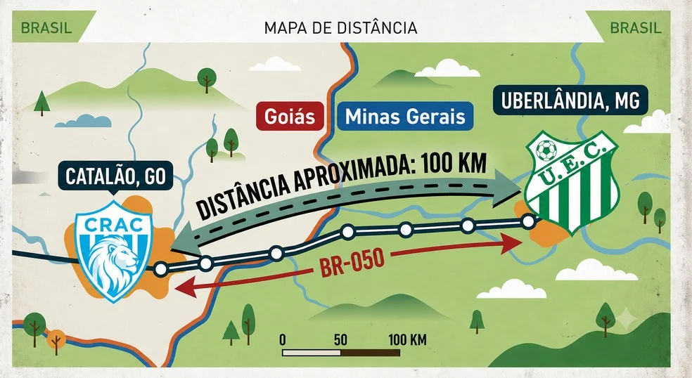 Mapa da proximidade entre Crac-GO e Uberlândia na Série D 2026