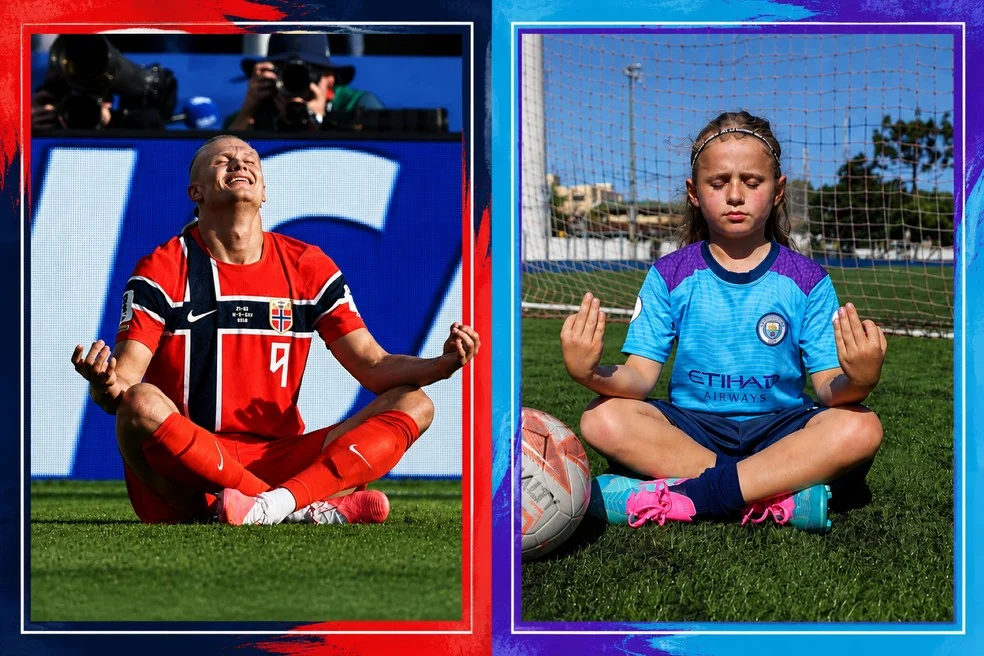 Biel apelidado de Mini Haaland ao lado da imagem de Erling Haaland