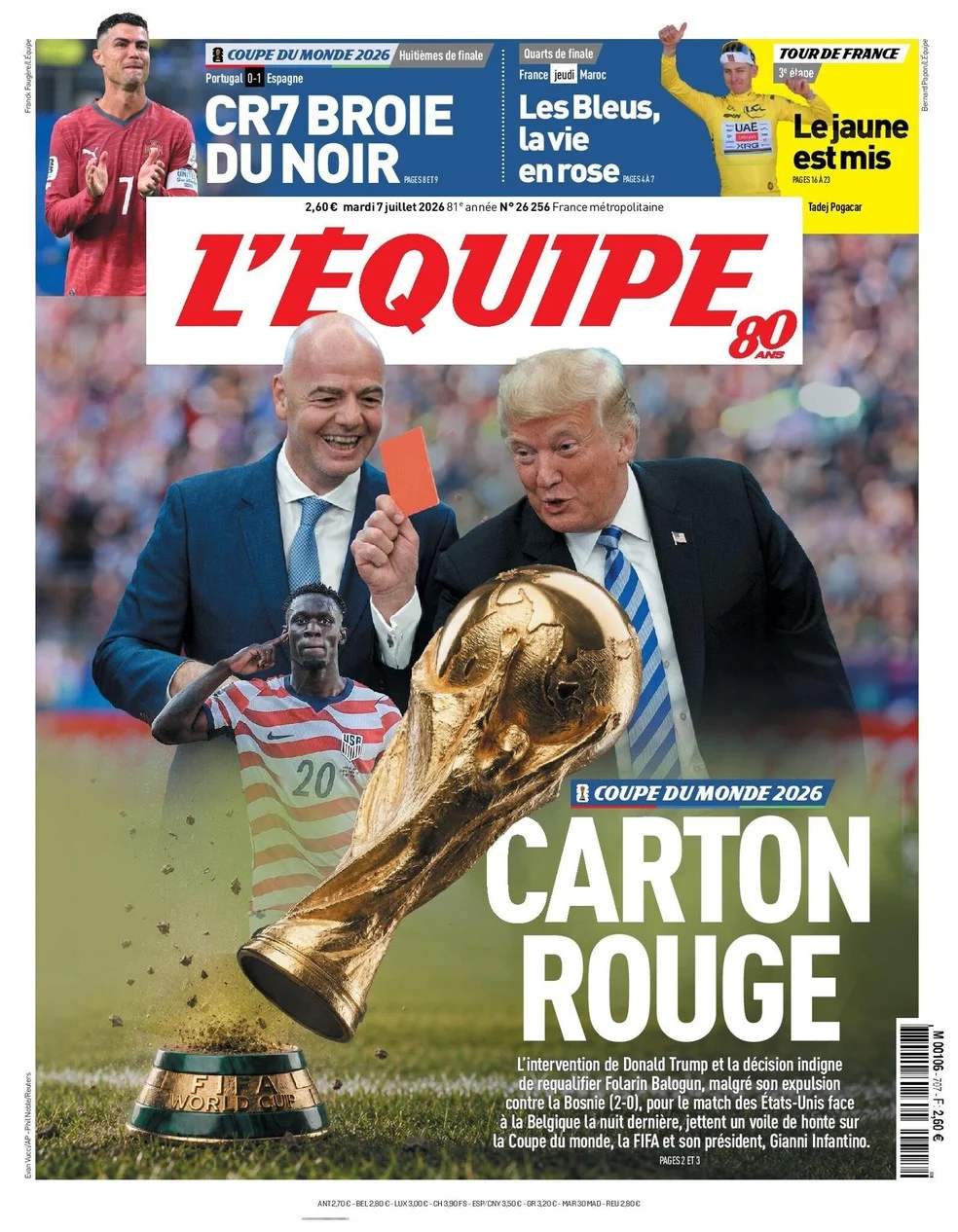 Capa do L'Équipe sobre o caso Balogun com Trump segurando cartão vermelho