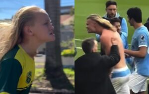 Heitor, o Mini Haaland, com cabelo loiro e postura de camisa 9