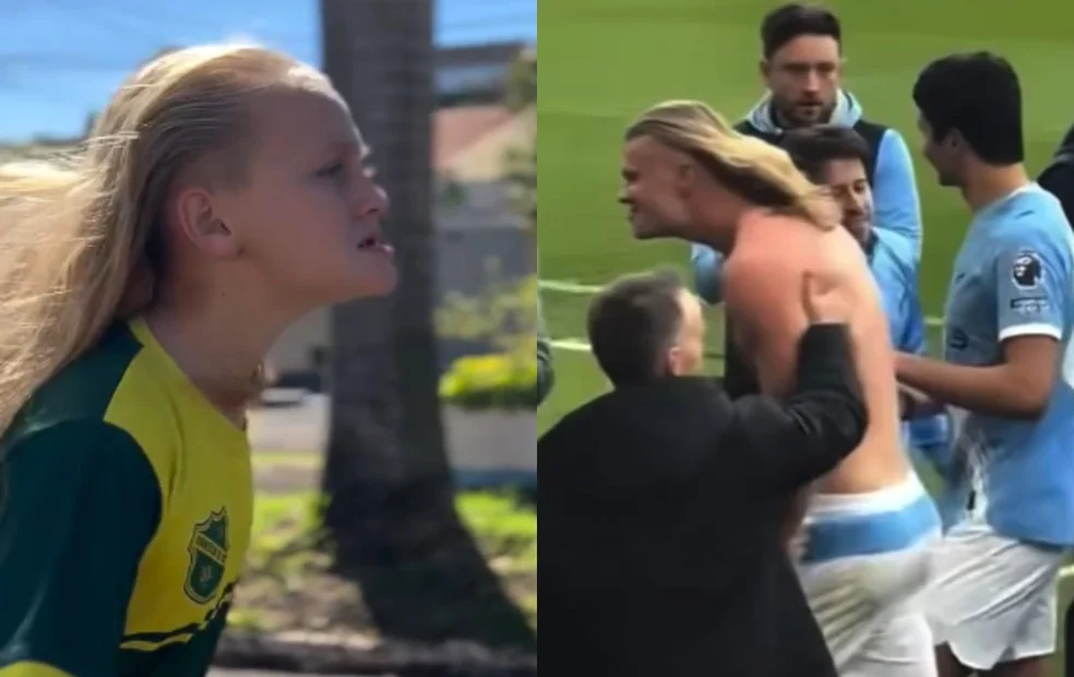 Heitor, o Mini Haaland, com cabelo loiro e postura de camisa 9
