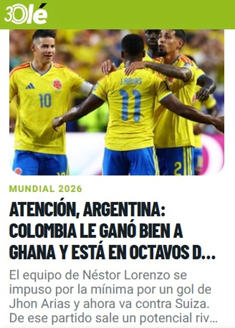 Capa do Olé destacando Colômbia nas oitavas