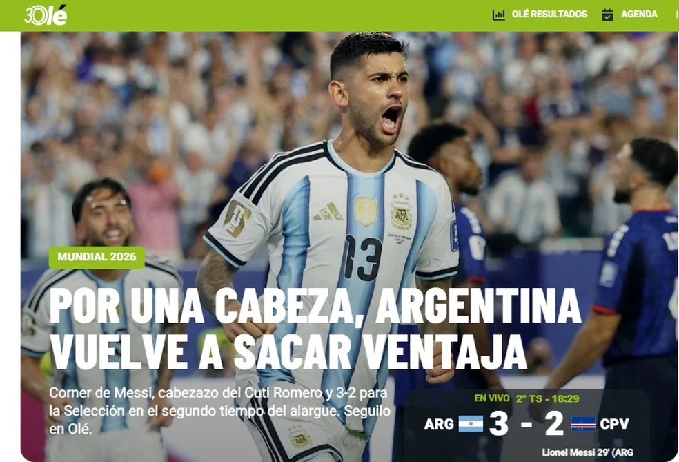 Capa do Olé sobre Argentina Cabo Verde
